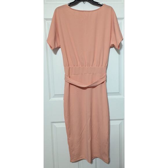 Womens Peach Belted Midi Dress Short Sleeve Office Cocktail Summer Party Dress S - Picture 8 of 14